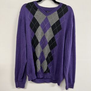 Apt. 9 Men’s XXL Argyle V-Neck Sweater Purple Merino Wool Blend Preppy Classic